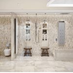 Luxurious bathroom with a large shower area and marble tiles